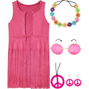 Daddy's New Fishing Buddy Girls Kids 60s 70s Outfits Disco Hippie Costume Fringe Vest Set (Pink)