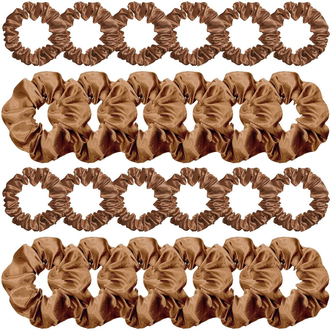 WILLBOND 24 Pieces Satin Hair Scrunchies Silky Elastic Bands Skinny Solid Hair Ties Ropes Ponytail Holder for Women Headdress Accessories Decorations, 2 Sizes(Brown)