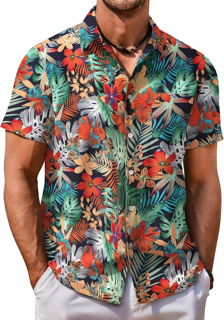 COOFANDY Mens Hawaiian Shirt Short Sleeve Button Down Shirt Tropical Summer Beach Shirt (Small, Monstera-orange)