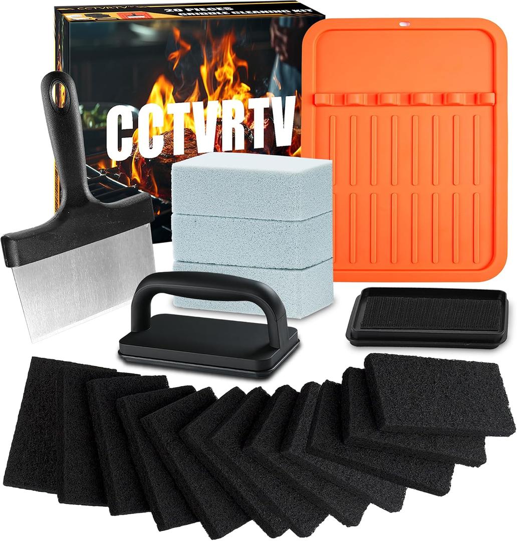 Upgraded Griddle Cleaning Kit for Blackstone 20 Pieces Flat Top Grill Accessories Cleaner Tool Set, with Griddle Scraper, Heat-Resistant Silicone Spatula Mat with Hanger, Grill Stone, Griddle Brush