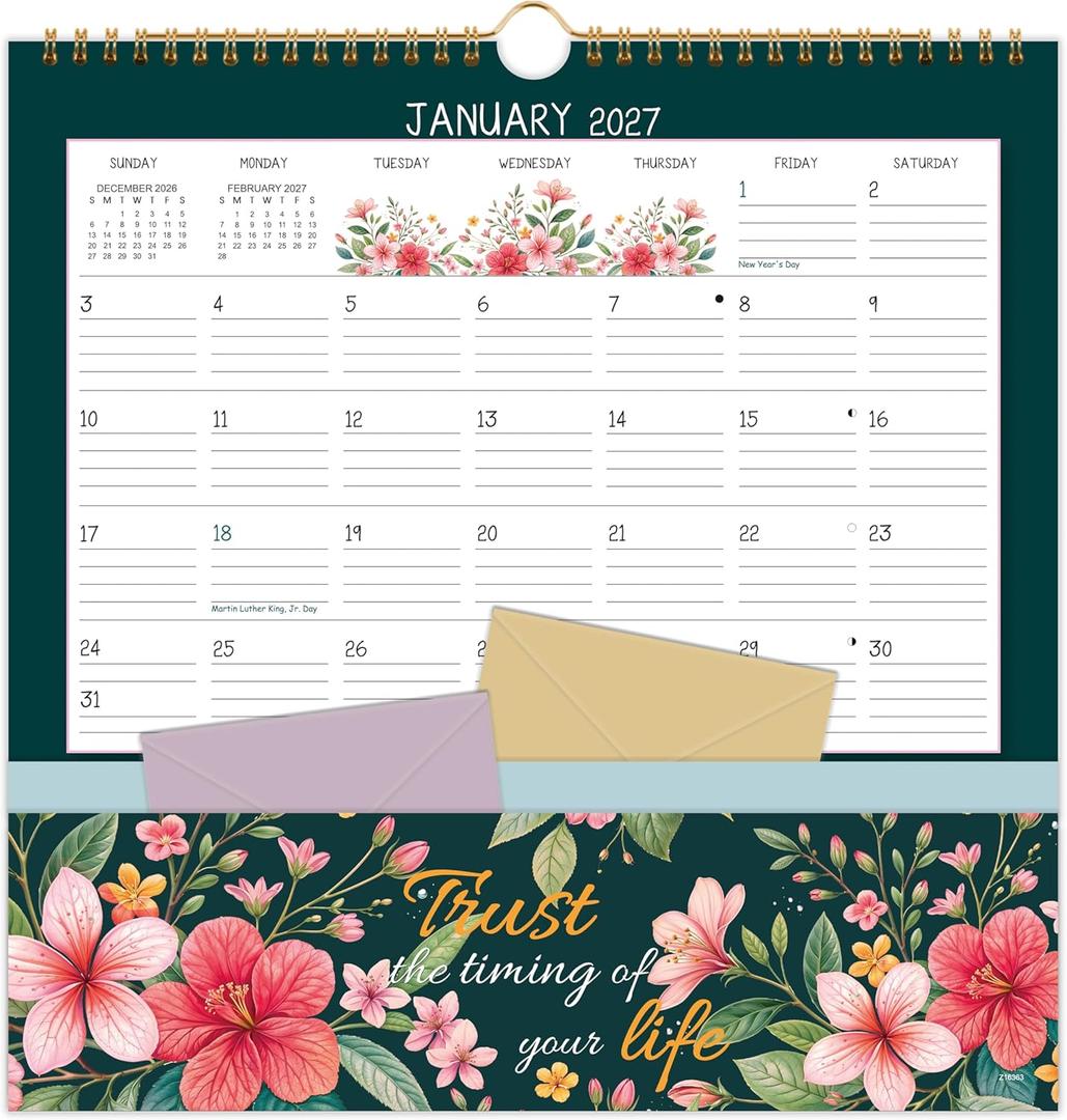 2026-2027 Wall Calendar - Pocket Calendar, 11.7" x 11.7", 2026-2027 Calendar with Pockets, Jul. 2026 - Dec. 2027,Wall Calendar 18 Month with One Pockets, Calendars for Office School Home, Golden Twin Wire Binding, Premium Paper - 12 Different Floral