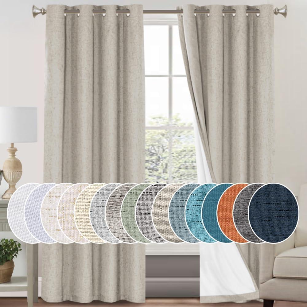 PrinceDeco Linen 100% Blackout Curtains for Bedroom/Living Room Reduce Noise Light Blocking Window Curtains Drapes for Boho Home Decor, Linen Look Fabric with White Liner (52 x 96 Inch,Cobblestone)