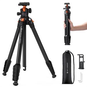 K&F CONCEPT 63" Aluminum Travel Tripod for Camera w Phone Holder, Non-Reversible Lightweight Compact Tripod Weighs 2.6lb, Max Load 22lb for Camera DSLR Mirrorless Spotting Scope Camcorders Phone