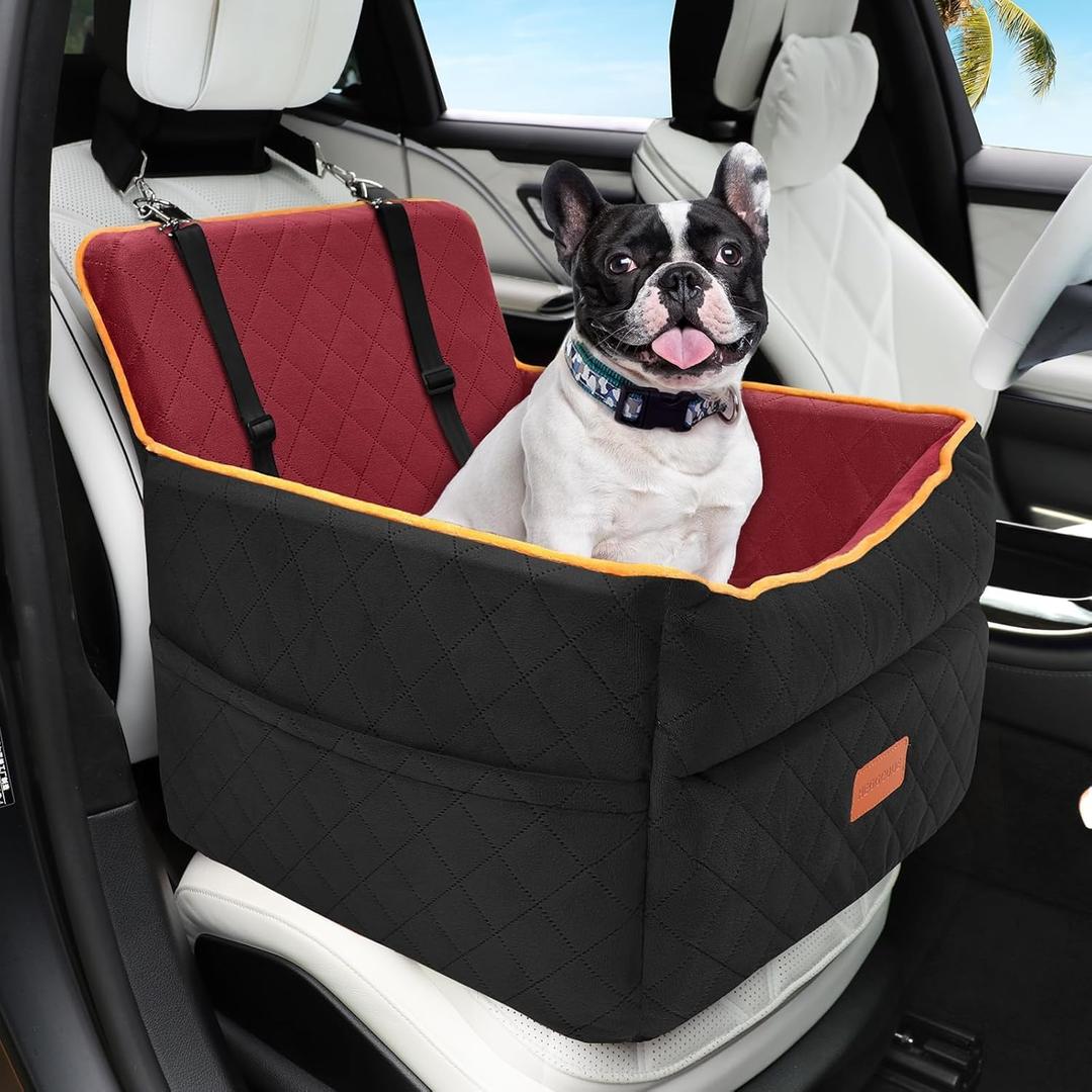 Dog Car Seat for Small Medium Dogs, Memory Foam Puppy Dog Booster Seat with Thick Cushion for Dogs Under 35lbs, Detachable Washable Pet Car Seat Travel Bed with Storage Pockets,2 Safety Belts (Black/red)