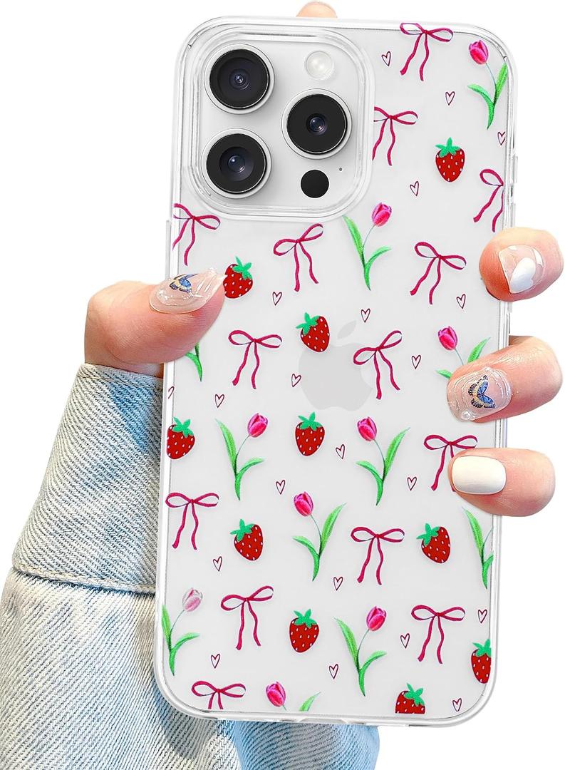 Jusy Compatible with iPhone 11 Pro Max Clear Case with Design, for Women Girly Cute Bow Phone Case Soft TPU Shockproof Protective for iPhone 11 Pro Max - Strawberry Bow