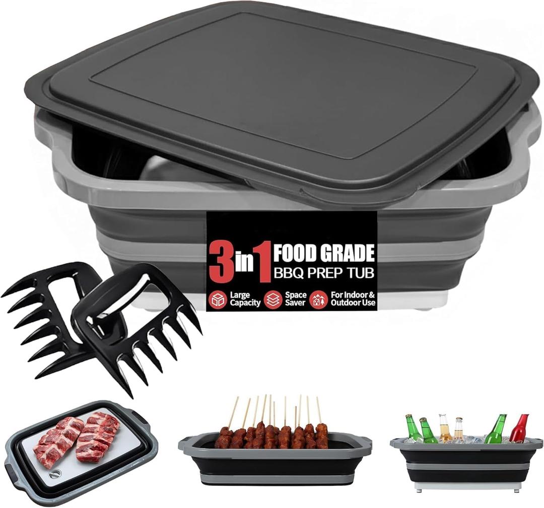 BBQ Prep Tub with 2 Pcs Meat Shredder Claws, 3-IN-1 Large 8L Collapsible Cutting Board with Lid for Meal Prep, Camping Sink for marinating food, Dish Basin, Grilling, Outdoor Cooking