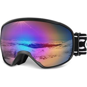 COOLOO Ski Goggles, OTG Snow Goggles for Adult Men Women Youth, Snowboard Goggles Over Glasses, Anti-fog, UV Protection (A04-black Frame Revo Colorful Lens(vlt 8%))