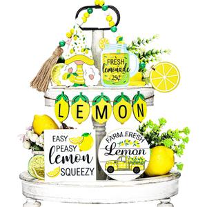 10pc Summer Tiered Wood Tray Stand - Farmhouse Lemon Watermelon Strawberry Sunflower Decor Kitchen Sign Banner