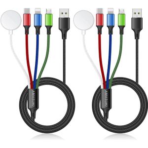 2Pack Multi Charging Cable for Apple Watch Charger 4 in 1 Travel Essentials RV Camping Essentials USB C/L/Micro Compatible with iWatch Series 11-1/iPhone 17/16/15/Android Airplane Gadgets-4FT