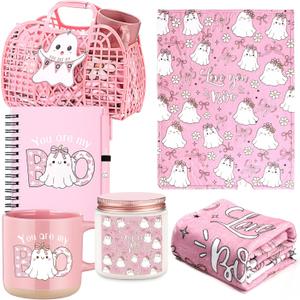 Roshtia 1 Set 7Pcs Christmas Breast Cancer Awareness Gift for Women Breast Cancer is Boo Pink Basket Ribbon Throw Blanket Coffee Mug Candle Jar Journal with Pen Card Pink Ribbon Survivor