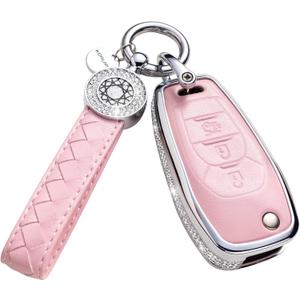 for Chevy Key Fob Cover with Keychain, Pink Genuine Leather Crystal Key Case Protection Shell Compatible with Chevrolet