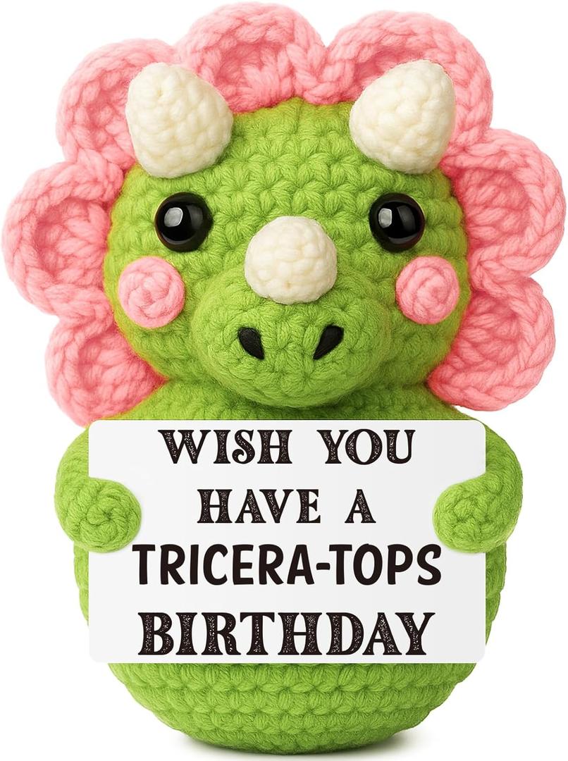 Xinezaa Funny Valentine Gift for Friends, Mini Crochet Triceratops with Birthday Pun Sign, Cute Handmade Dinosaur Desk Decor, Galentine Bestie Coworker Gift
