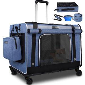 Petskd Extra Large Cat Carrier with Wheels and Litter Box, 24"x17"x17" Rolling Soft Carrier Until 55LBS Pets with 5 Breathable Mesh Windows and Locking Zippers for Long Distance Car Travel (Blue)