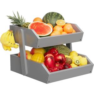 Bamboo 2 Tier Fruit Basket for Kitchen Counter, Large Capacity Fruit Storage Countertop, Fruit Holder, Wood Pantry Organizers and Storage, Kitchen Countertop Organizer With Two Banana Hangers (Grey)