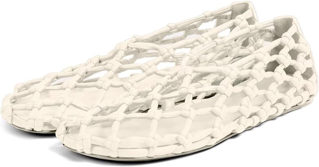 Titype Jelly Mesh Ballet Flats for Women Upgraded New Woven Jelly Shoes Hollow Slip On Beach Sandals, White 37