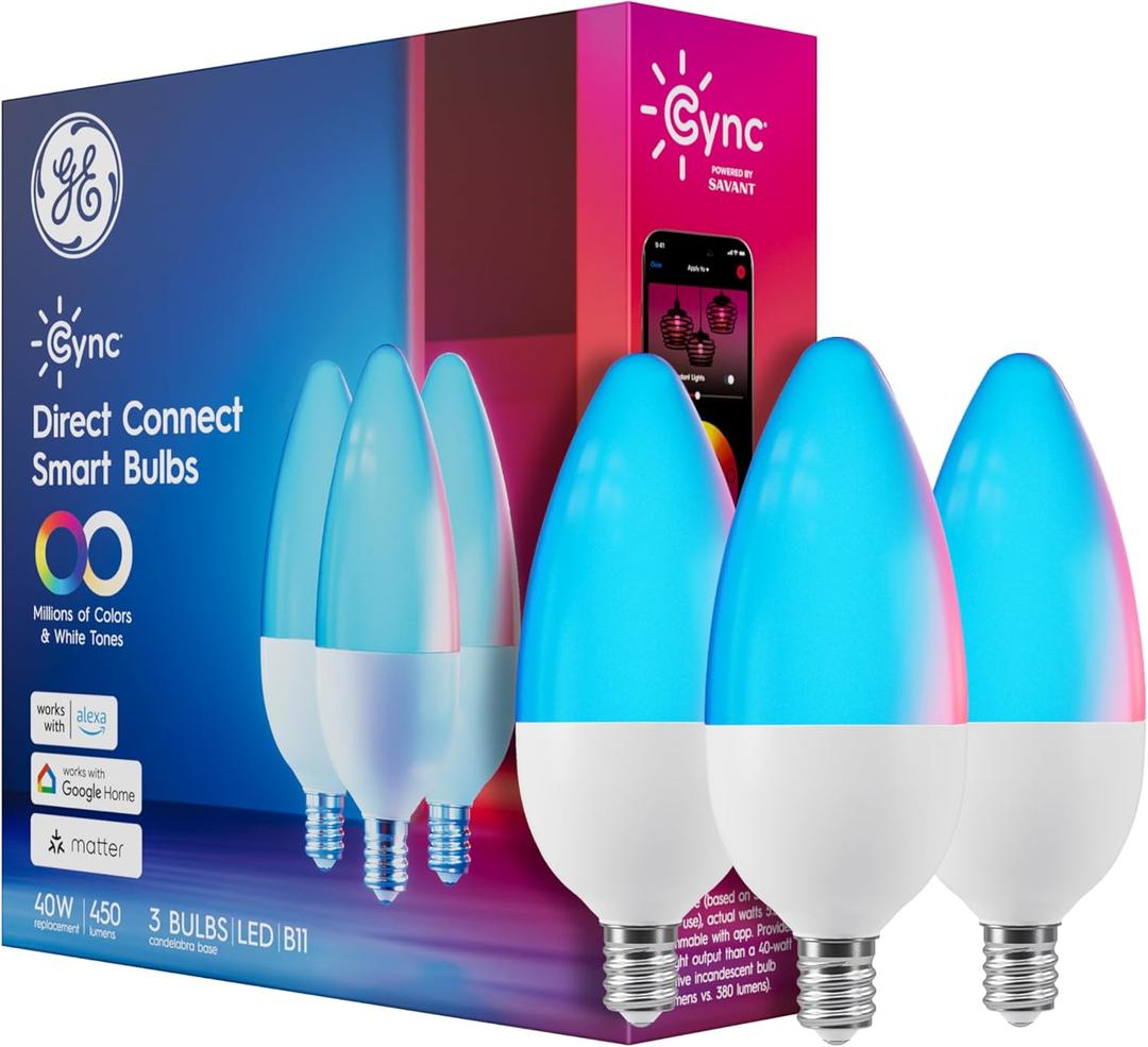 GE Cync Smart LED Light Bulbs, Color Changing Decorative Light Bulbs, Indoor WiFi Lights, Matter Compatible, Compatible with Alexa and Google Home, Candelabra Base (3 Pack)
