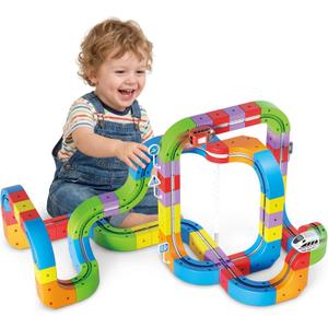Electric Train Sets Racer Track, 121 PCS DIY Cubes Anti-Gravity Klick Rail 3D Infinity Track, STEM Traffic Blocks Trainset Gifts Toys for 3+ Years Old Kids(2 Trains + 67 Tracks + 52 Others)
