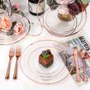 bUCLA 600PCS Clear Rose Gold Plastic Dinnerware Set Disposable - Include 100 Dinner Plates, 100 Dessert Plates, 100 Knives, 100 Forks, 100 Spoons, 100 Cups for Party & Wedding