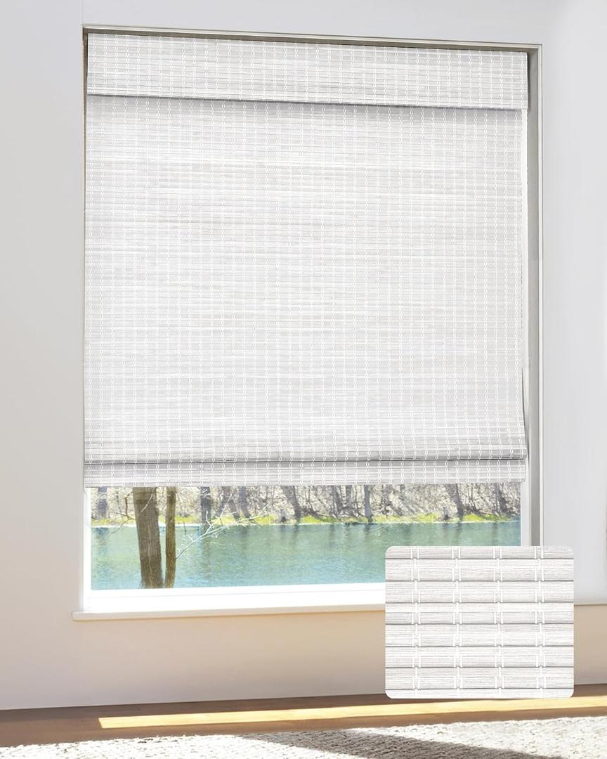 UNISHADES Cordless Bamboo Roman Shades for Windows, Blinds Size (27.5" W 64" H) Colour (Alpine Ivory)