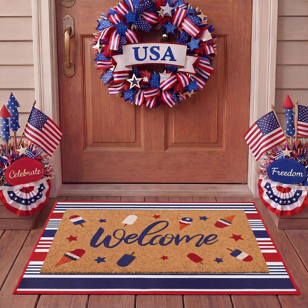 Dunzy 2 Pcs 4th of July Patriotic Doormat 250 Anniversary Outdoor Rug Red White Blue USA Welcome Doormat Ice Cream Non Slip Floor Mat for Independence Day Memorial Day Entrance Front Porch Summer