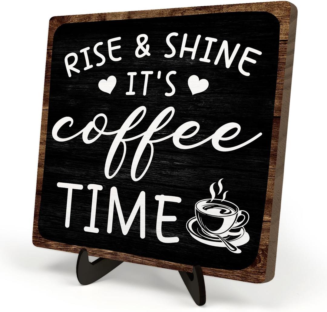 Farmhouse Coffee Wooden Plaque Sign, Vintage Desk Decor for Home or Office Coffee Station,Cafe Bar Sign - Rise & Shine It's Kitchen Wooden Sign 5.9x5.9In (Black2)