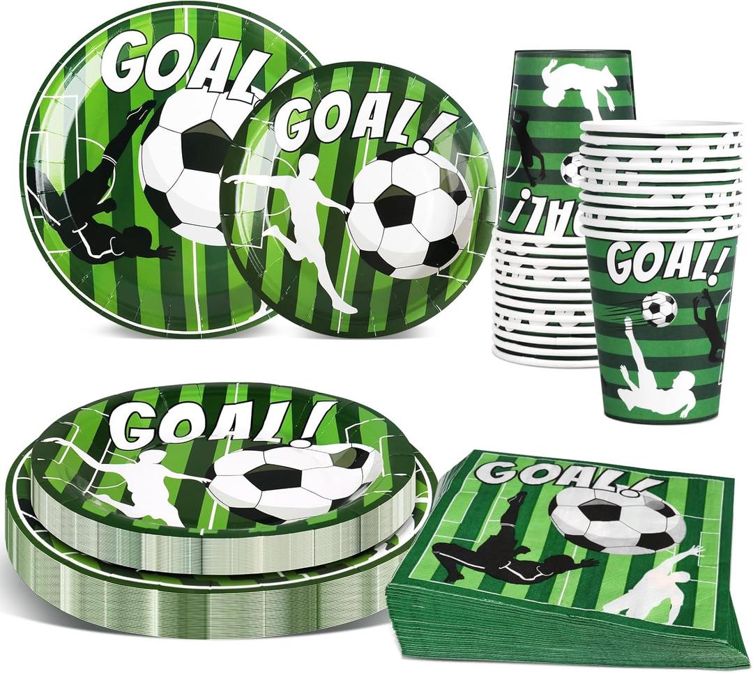 120 Pcs Soccer Party Decorations Tableware Set with Paper Plates, Cups, Napkins Disposable Soccer Birthday Party Supplies for Sports Events Soccer Themed Party Favors Serves 30 Guests