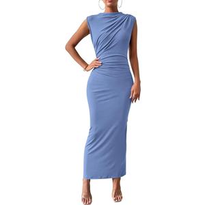 BTFBM Women's Ruched Bodycon Dress Summer Casual Sleeveless Back Slit Elegant Club Evening Party Cocktail Maxi Dresses Blue XL
