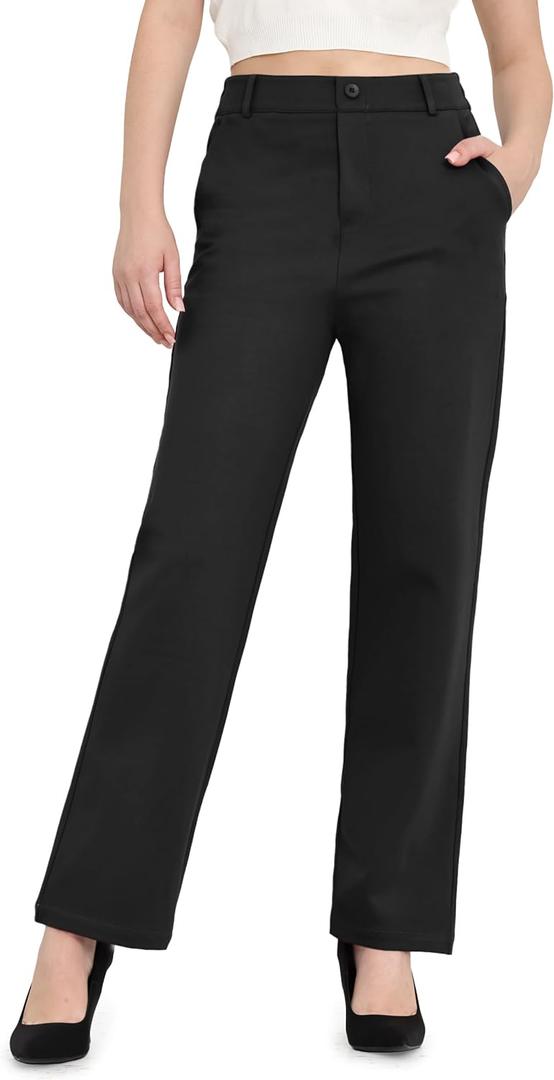 Balleay Art Women Straight Leg Dress Pants High Elastic Waisted Slacks Business Casual Work Office Trousers (Black, XL)