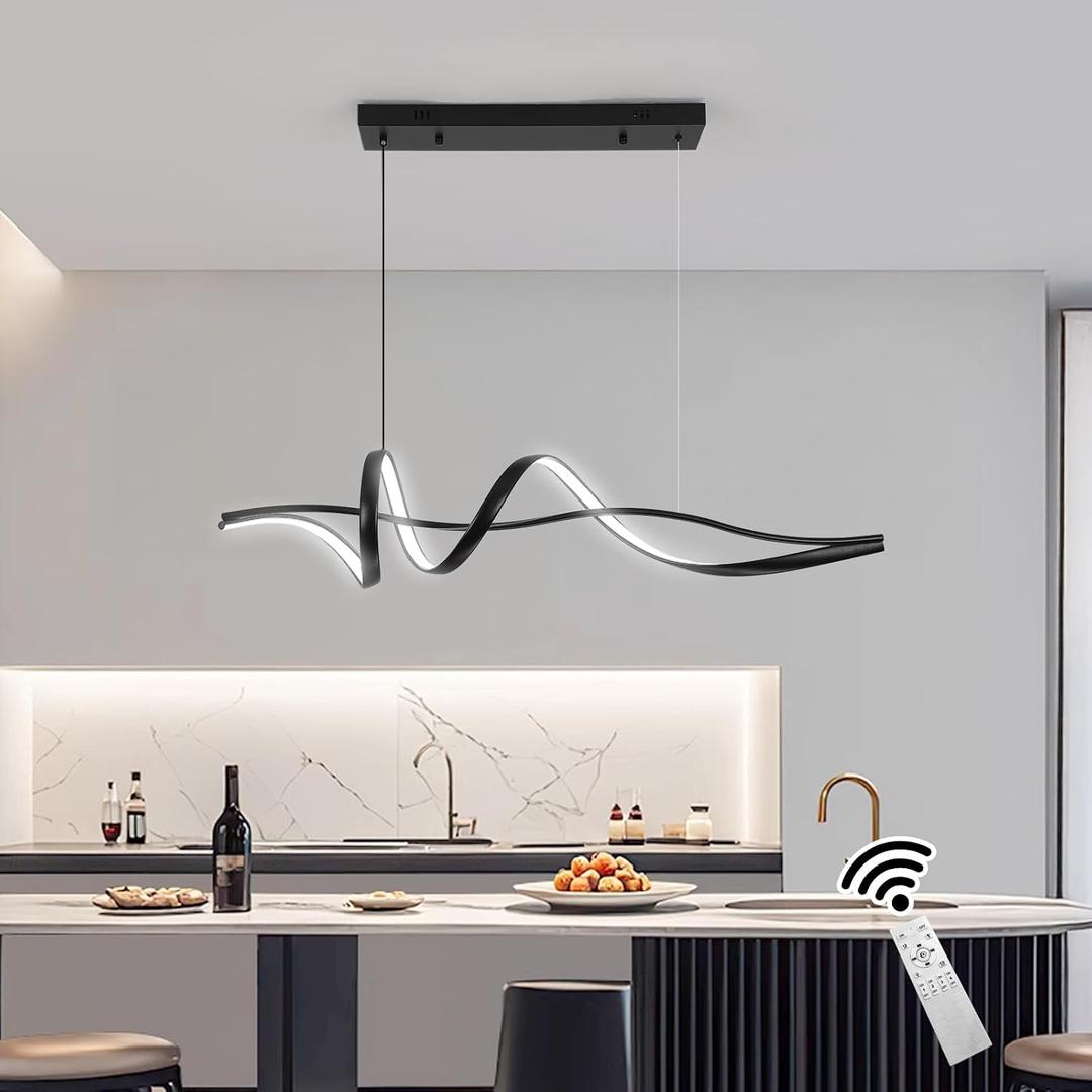 Modern LED Chandelier for Dining Room, 39in Dimmable Linear Wave Spiral Ceiling Chandeliers with Remote, Black Hanging Pendant Light Fixtures for Kitchen Island Over Table, 60W