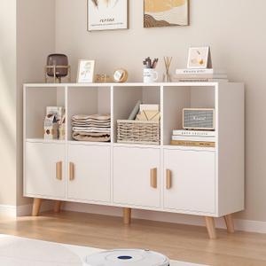 OSCHF Cubby Shelf Bookcase with Doors - Wooden 8 Cube Floor Standing Open Bookshelf with Solid Wood Legs, 2-Tier Low Storage Cabinet, Warm White