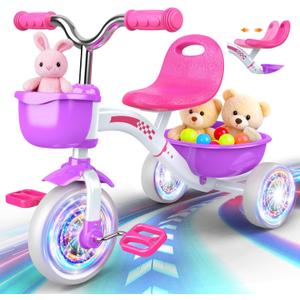 Kkdi Toddler Tricycle for 1-3 3-5 Year Olds, 2 3 4 5 Year Old Girl Birthday Gifts, Purple Toddler Baby Bike, 4-Level Adjustable Seat, 3 Color Light Wheels, 2 Baskets, Outdoor Riding Toys for Ages 2-4