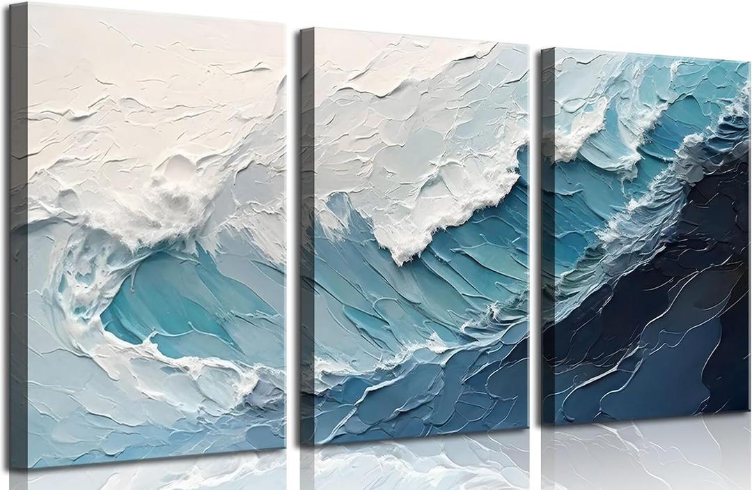 3Pcs Blue Abstract Wave Canvas Wall Art Modern Neutral 3D Textured Ocean Landscape Pictures Wall Decor Blue and White Coastal Posters Prints for Living room Bedroom 16x24in