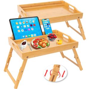 Greenual 2 Pack Bed Tray Table with Handles Folding Legs, Bamboo Breakfast Food Tray with Media Slot, Use As Platter, Laptop Desk, Snack, TV Tray Kitchen Serving Tray(Natural)
