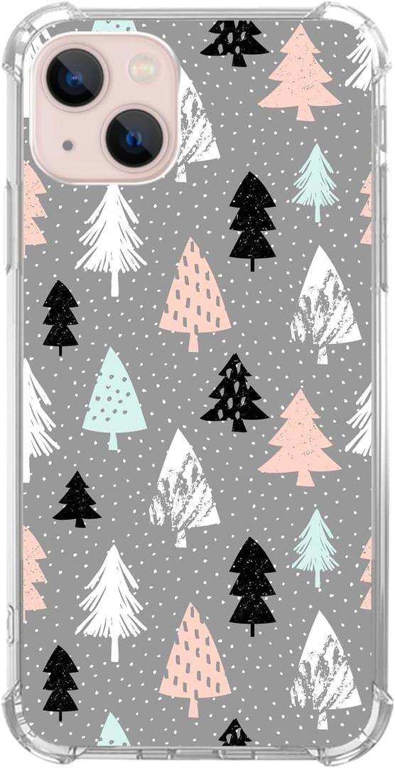 Pink White Black Christmas Trees Case Compatible with iPhone 15, Winter Christmas Cartoon Case for iPhone 15, Cool TPU Bumper Phone Case Cover