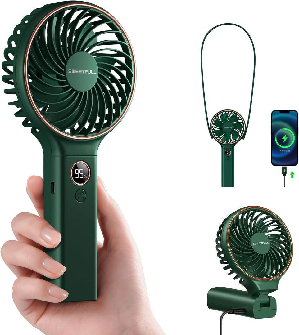 SWEETFULL Handheld Portable Fan, 5000mAh Rechargeable Battery, 6 Speed Wind, LED Digital Display, Foldable Electric Personal Mini Travel Fan with Backup Power, Summer Essentials Gifts for Women Girl (Green)