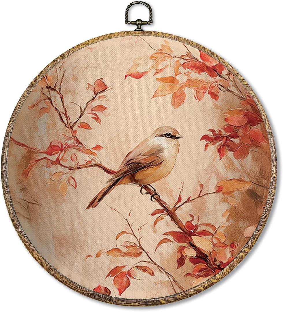 Sufamb Farmhouse Fall Bird Round Wall Art Decor, Cottagecore Autumn Sparrow Canvas Artwork Framed, Rustic Fall Bird Wall Hanging Prints Decorations for Home Bedroom Living Room Decor, 10x10 Inches