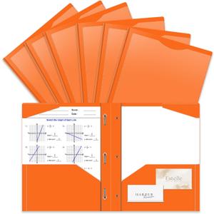 6 Pack Heavy Duty Plastic Pocket Folder with Prongs and Clear Front Pocket, 3 Pockets Folders with 3 Prongs and 2 Card Slot, Orange File Folders Fit Letter Size Paper for Office School Home Business