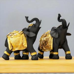 Luck Elephant Decor Set with Trunks Up - Feng Shui Resin Black and Golden Couple Elephant Figurines - Pair of Elephants Statue, Modern Sculpture for Home Decor