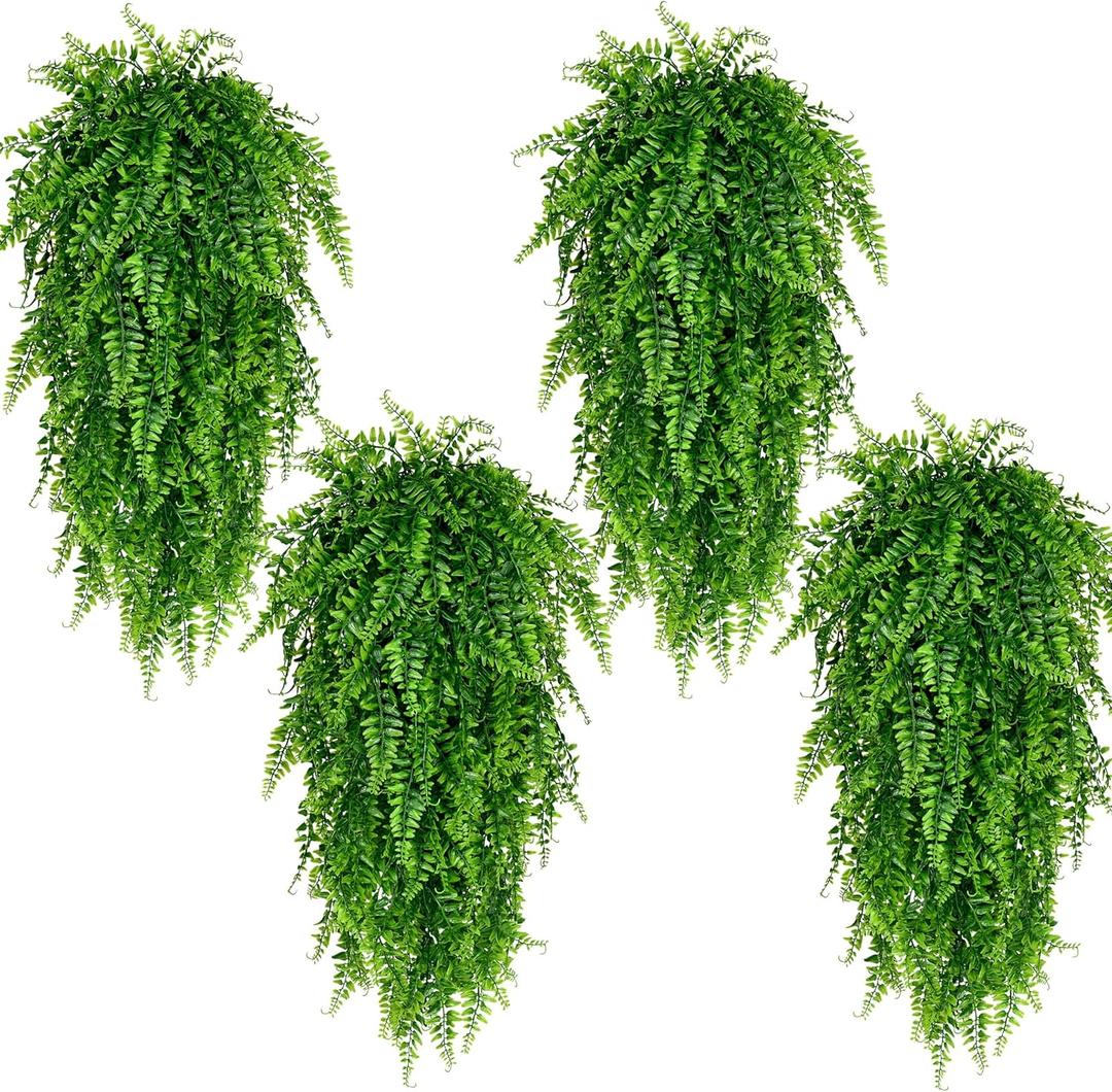 Waipfaru 4Pcs Fake Hanging Plants Artificial Ferns for Outdoors Fake Ferns UV Resistant Plastic Fake Plants for Indoor Wall Porch Wedding Party Holiday Decor