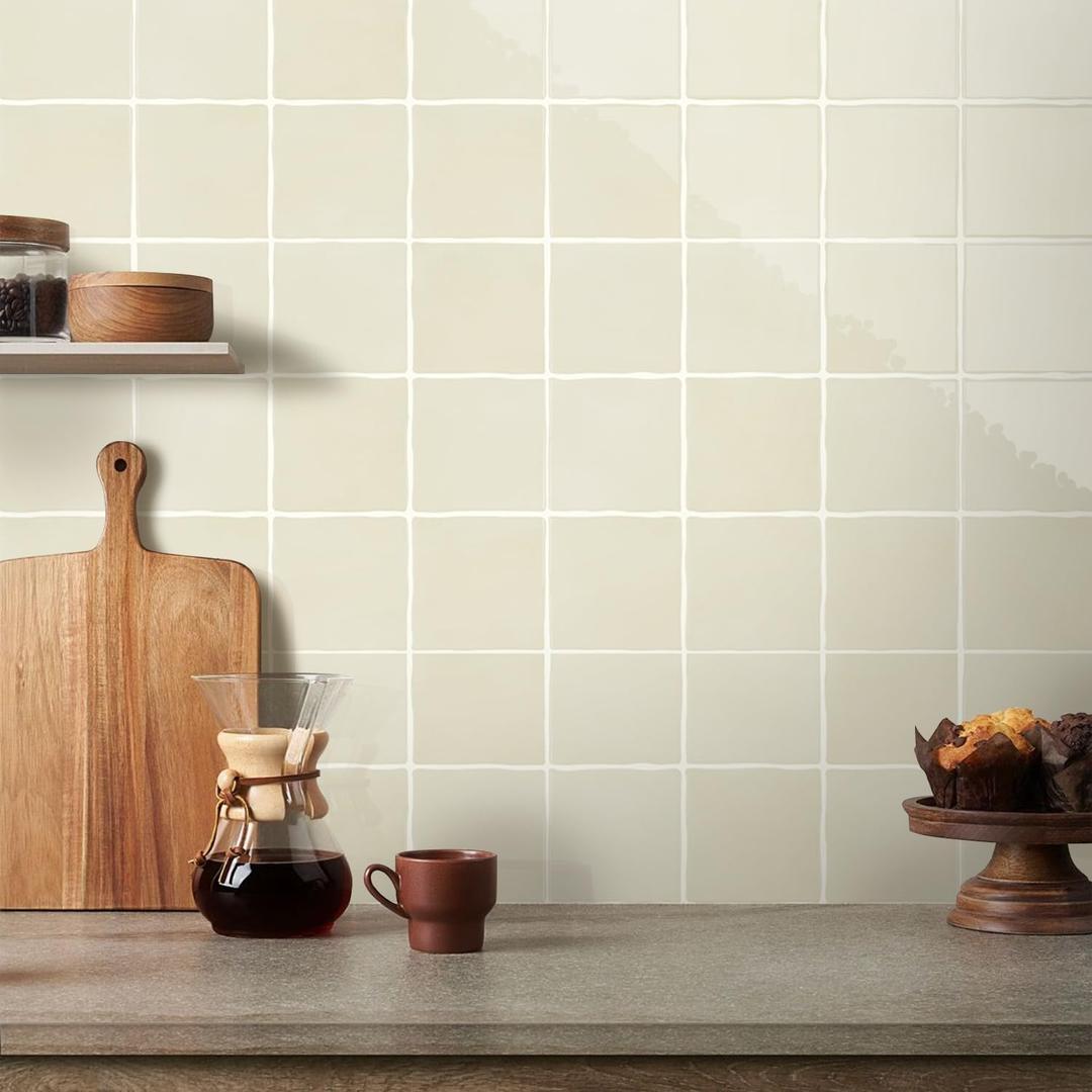 Commomy Thicker Peel and Stick Tiles - 10 pcs of 12" x 12" - 3D Adhesive Square Peel and Stick Tiles Backsplash for Kitchen, Bathroom, Removable, Waterproof, Vinyl Wall Tile (Glossy Zagora Beige & Thicker Design)