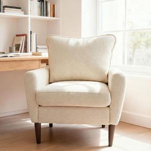 OLIXIS Comfy Accent Chair for Living Room Bedroom and Waiting Room, Upholstered Mid-Century Reading Chair with Pillow and Solid Wood Legs, Wide Singe Modern Lounge Sofa (Beige) (Ivory White)
