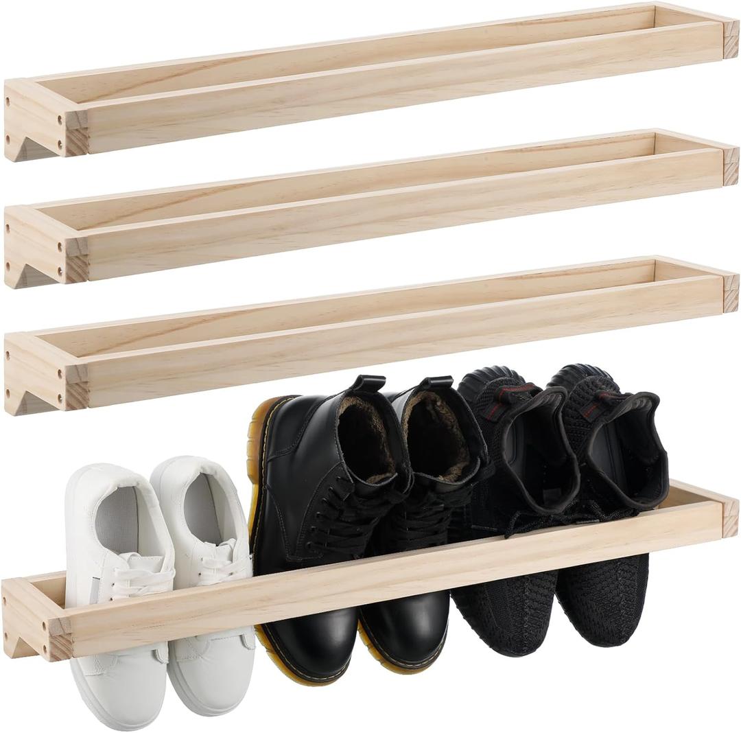 Wenqik 4 Pcs Wall Mounted Shoe Rack 30 Inch Rustic Wood Wall Hanging Shoe Rack Space Saving Footwear Holder Shoe Storage Organizer for Mudroom, Entryway, Closet (Wood Color)
