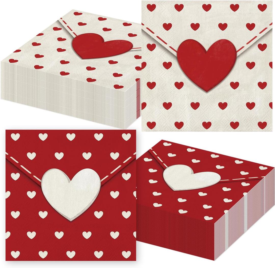 100Pcs Valentine's Day Paper Napkins Love Heart Party Decorations Sweet Heart Cocktail Beverage Napkin Towel Tableware for Spring Wedding Holiday Dinner Tea Party Supplies 13 x 13 Inches