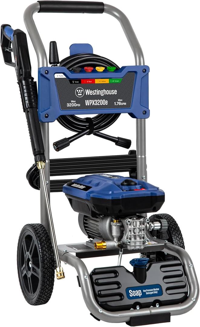 Westinghouse WPX3200e Electric Pressure Washer, 3200 PSI and 1.76 Max GPM, Induction Motor, Onboard Soap Tank, Spray Gun and Wand, 5 Nozzle Set, for Cars/Fences/Driveways/Homes/Patios/Furniture, Blue