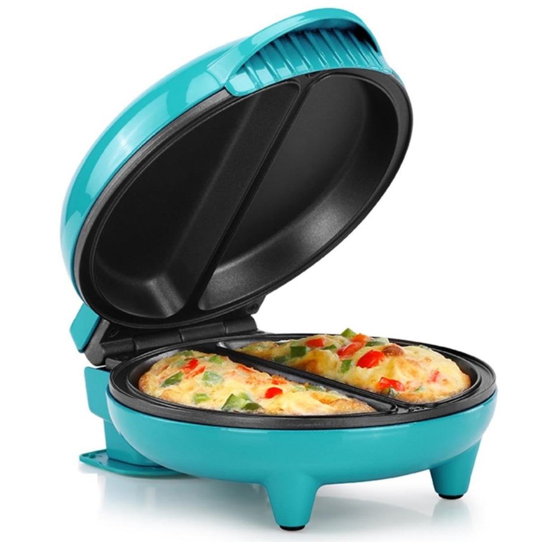 Holstein Housewares Stainless Steel 2 Section Omelet & Frittata Maker, Non Stick Coating, Easy To Clean, Indicator Lights, Compact Storage, Prepare Versatile Recipes in Minutes. 2 Portions, Teal
