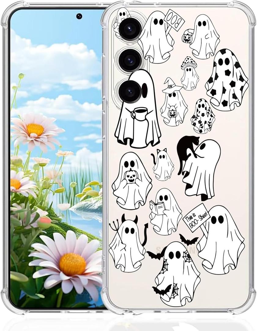 Phone Case for Samsung Galaxy S24 Clear Case with Halloween Ghost Soft TPU Shock Absorption Slim Embossed Pattern Protective Back Phone Cover Case for Samsung Galaxy S24 5G-Halloween Ghost