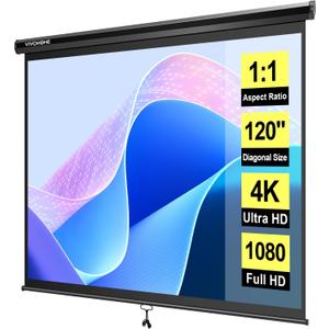 VIVOHOME 120 Inch 1:1 Pull Down Projector Screen, HD 4K Retractable Movie Screen for Indoor Home Theater and Office, Manual Projection Screen with Auto Locking (84Wx84H Inch Display Area)