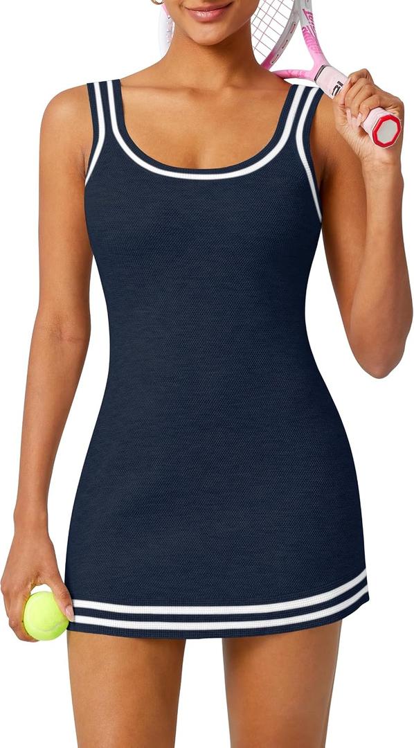 TQD Tennis Dress for Women Athletic Striped Knitted Sweater Tank Mini Active Casual Club Golf Dresses 2026 Trendy Navy S