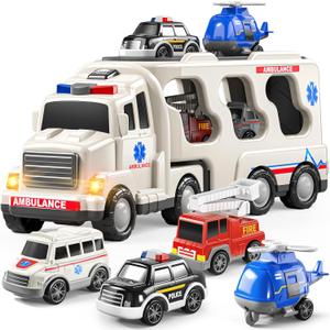 TEMI 5 Pack Ambulance Vehicle Toddler Truck Toys for 3 4 5 6 Year Old Boys, Friction Powered Cars with Toy Helicopter, Police Car, Fire Truck, Ambulance Car, Birthday Gifts for Girls Age 3-9