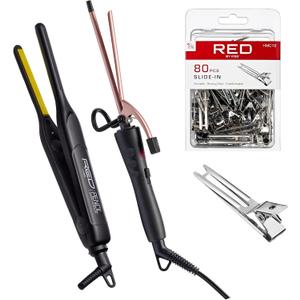 RED by KISS 3 Pcs Styling Set, 0.3 Ceramic Tourmaline Pencil Flat Iron, 1/4 Extra Small Curling Iron, 80pcs Slide-in Hair Clips, for Edges, Tight Curls, Twist Styles & Frizz Control On Short Hair